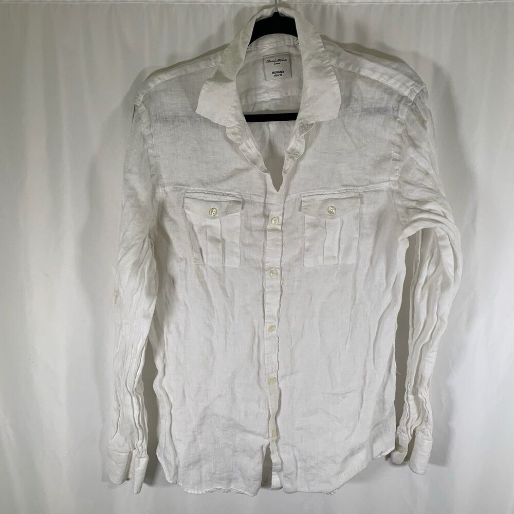 Baird McNutt Linen Murano Shirt Women Large White Button Up Long Sleeve Slim Fit